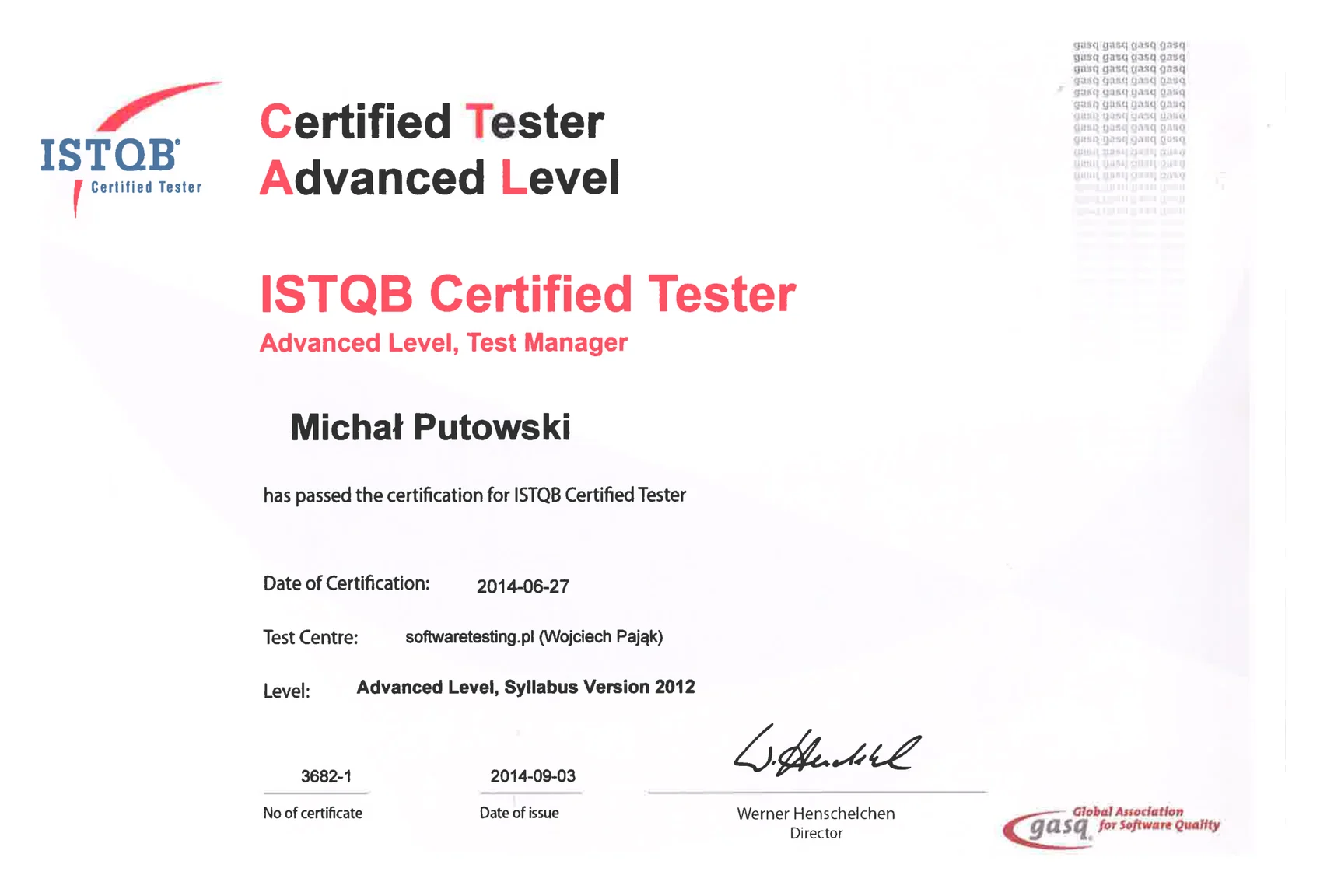 ISTQB Certified Tester Advanced Level Test Manager certificate