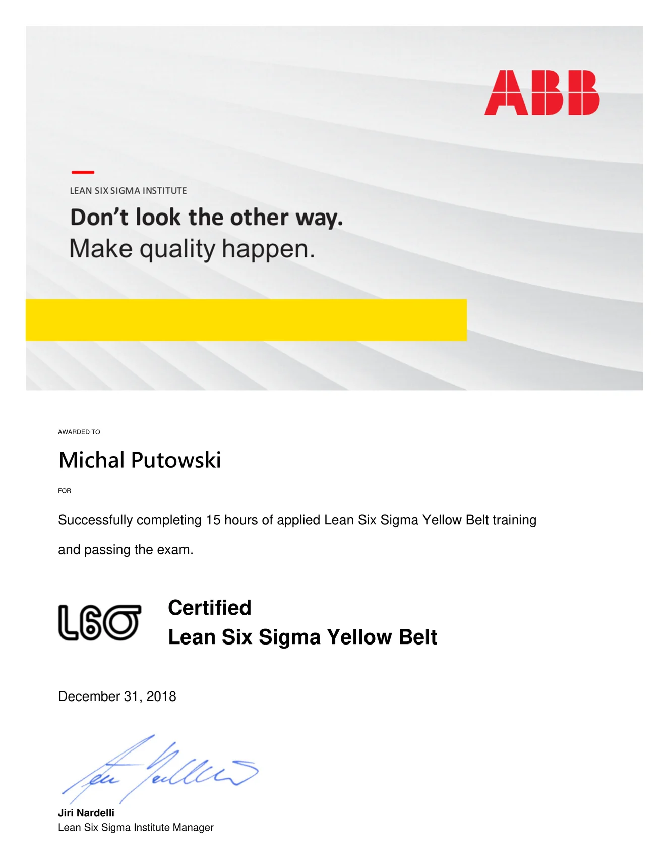 Lean Six Sigma Yellow Belt certificate