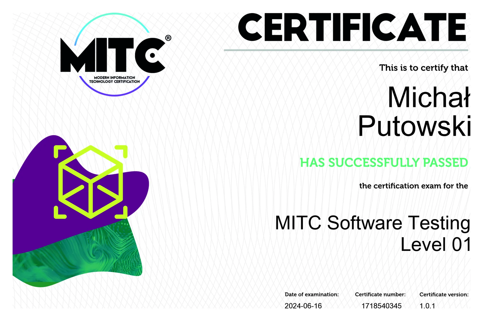 MITC Software Testing Level 01 certificate